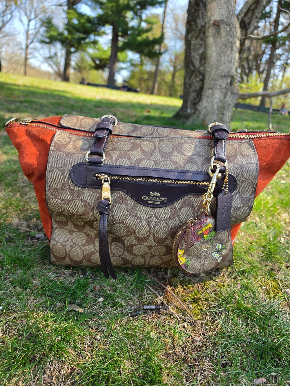 Coach Kleo Carryall handbag crafted from signature coated canvas with suede GUC